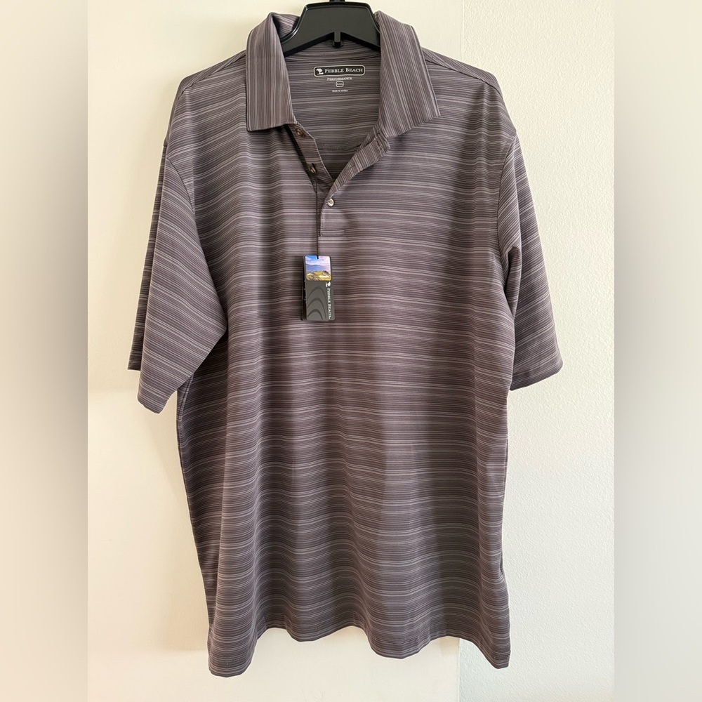 Pebble Beach Men’s Polo Shirt XXL Gray Striped Golf Performance NWT